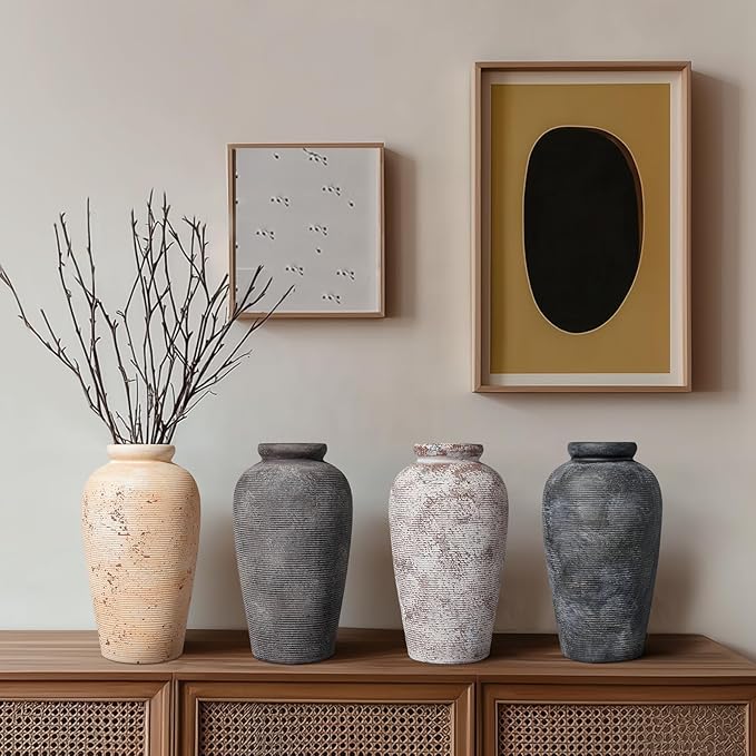 Rustic Vase, 11 inch Large Terracotta Flower Vase, Farmhouse Ceramic Pottery, Distressed Farmhouse Decor for Living Room, Shelf, Entryway, Room Decor, Black Bronze