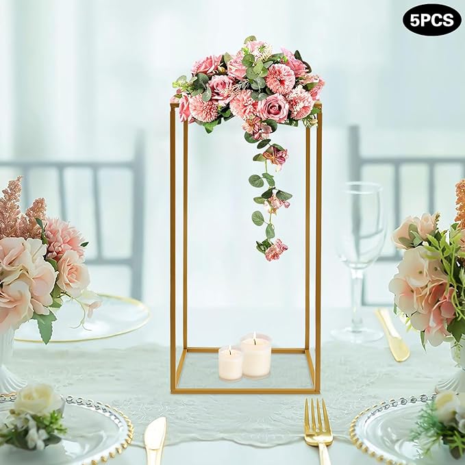 5 Pcs Metal Flower Stand for Wedding Centerpieces Stand Column Vases Wedding Flower Stand Rectangular Geometric Gold Centerpieces Stands for Wedding Decorations Home Party Event (5Pcs 23.62inch)