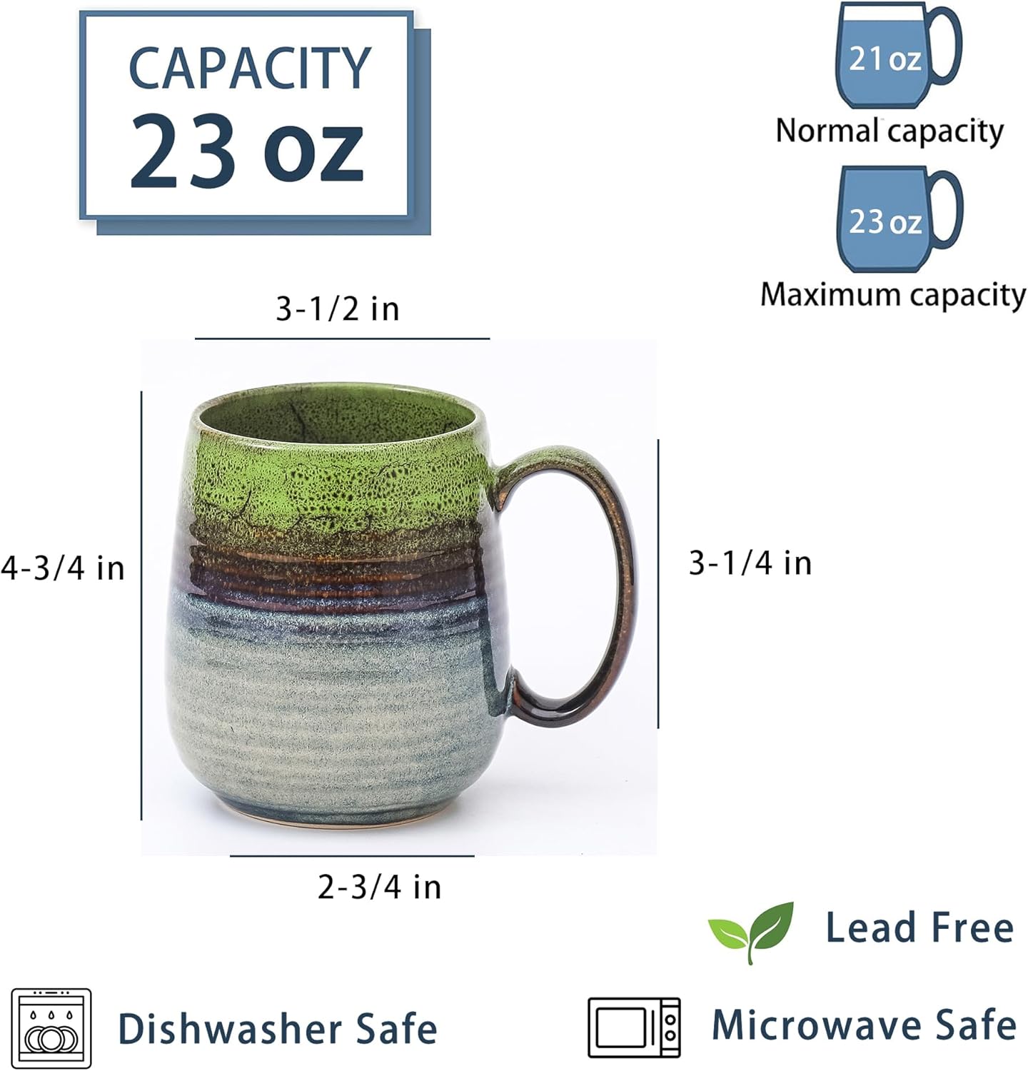 Large Coffee Mugs, Extra Large Ceramic Coffee Mug, 23 oz Handmade Pottery Mug, Big Tea Cups with Handle for Office and Home, Dishwasher and Microwave Safe (Light Green)