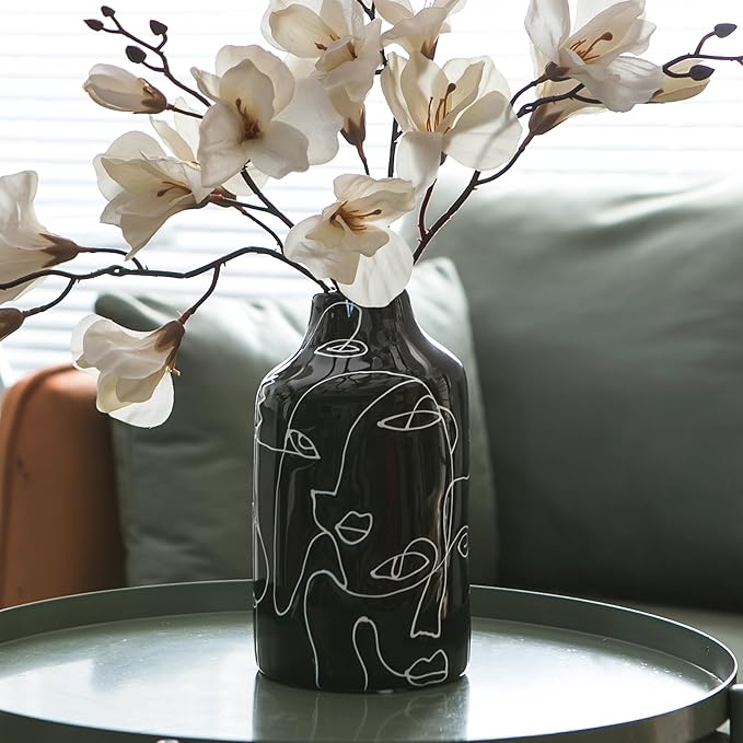 Kimdio Ceramic Vase Set, 2pcs Black and White Abstract Irregular Design Flower Vases, Modern Home Decor Living Room Decor Minimalist Decorative Vase for Pampas Grass