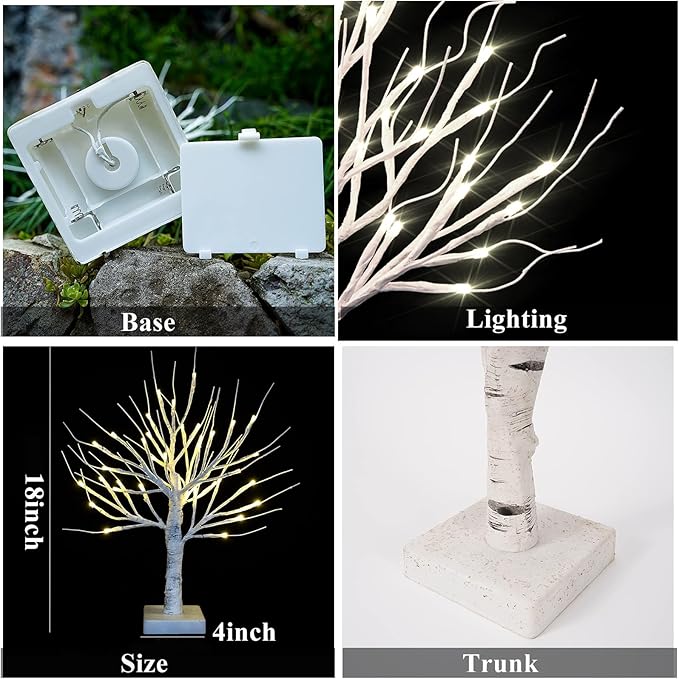 4pcs 36LED Lighted Birch Tree Home Decor - White Birch Tree with Lights Money Tree Wedding Centerpieces Artificial Branches Table (Warm White)