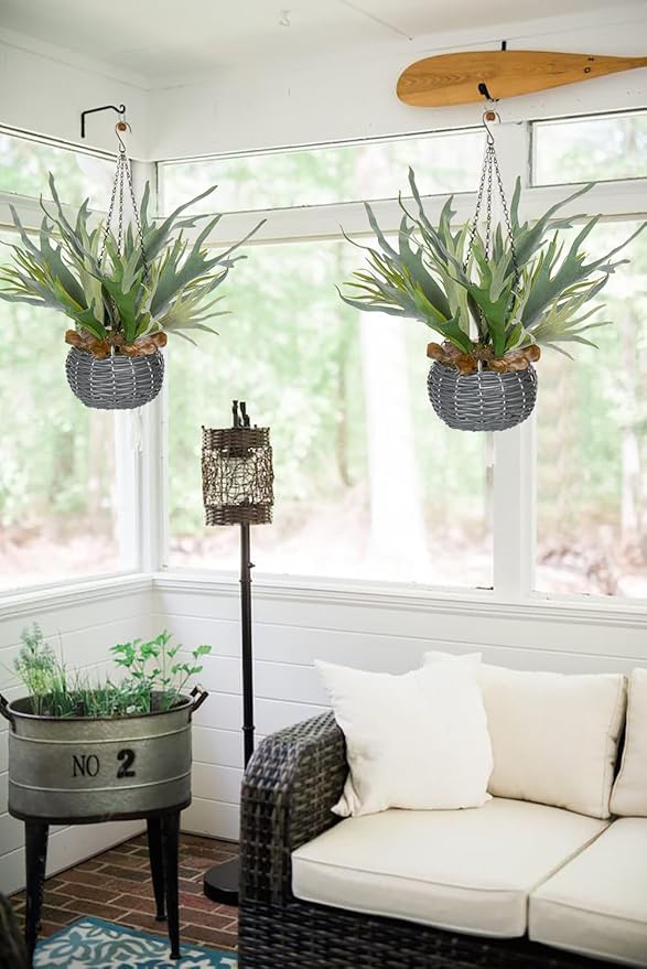 Hollyone Artificial Staghorn Fern Hanging Plants, Fake Boston Fern Hanging Plant in Persian Rattan Pot Faux Fern Plant Potted Hanging Plant for Indoor Outdoor Home Wall Room Garden Decor