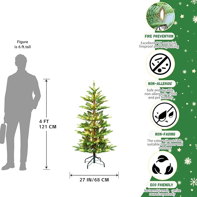 4FT Prelit Artificial Christmas Tree, Premium Douglas Fir Christmas Tree with 100 Warm White Lights & 298 Branch Tips, PE & PVC Mixed Pre Lit Hinged Xmas Trees for Holiday, Party Decoration