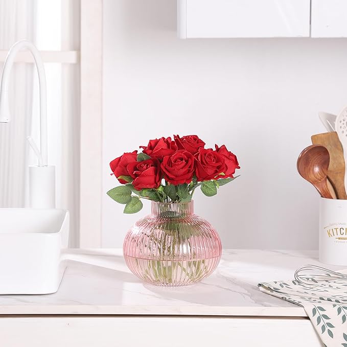 Pink Glass Vase for Tulips, Ribbed Glass Vase for Flowers, Round Flower Vases, Small Short Vases for Living Room, Office, Coffee Table, Shelf, Wedding, 6 Inches