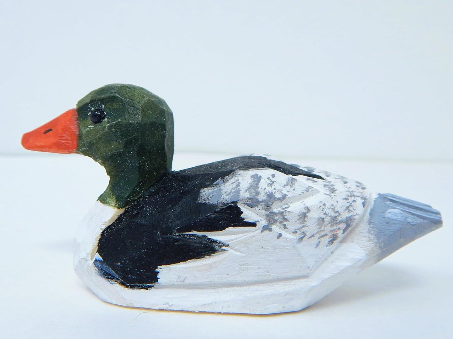 Merganser Duck Hand-Carved Wooden Figurine - Miniature Wooden Bird Sculpture, Small Animal Collectible Decoy Sculpture. Nature-Inspired Decor & Collectible Gift