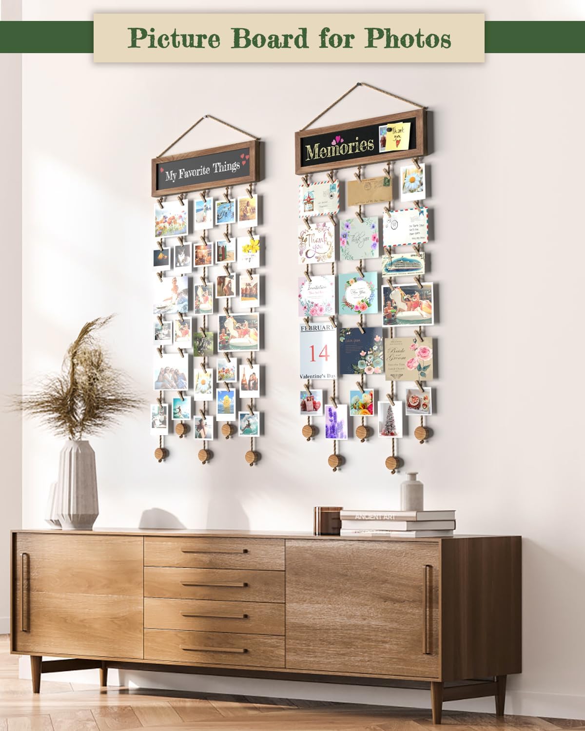 Bikoney 2-Pack Picture Frames Collage Wall Decor Photo Display Photo Board Wood Rustic Frames for Wall Decor and Party with 2 Blackboard and 60 Clips Carbonized Black