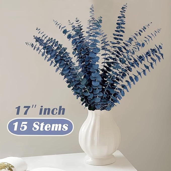 15Pcs Dried Preserved Blue Eucalyptus Stems, 100% Natural Fresh Plant, 17'' Bouquet for Floral Arrangements, Vase Fillers, Perfect for DIY Weddings Parties Home Office Shower Decor