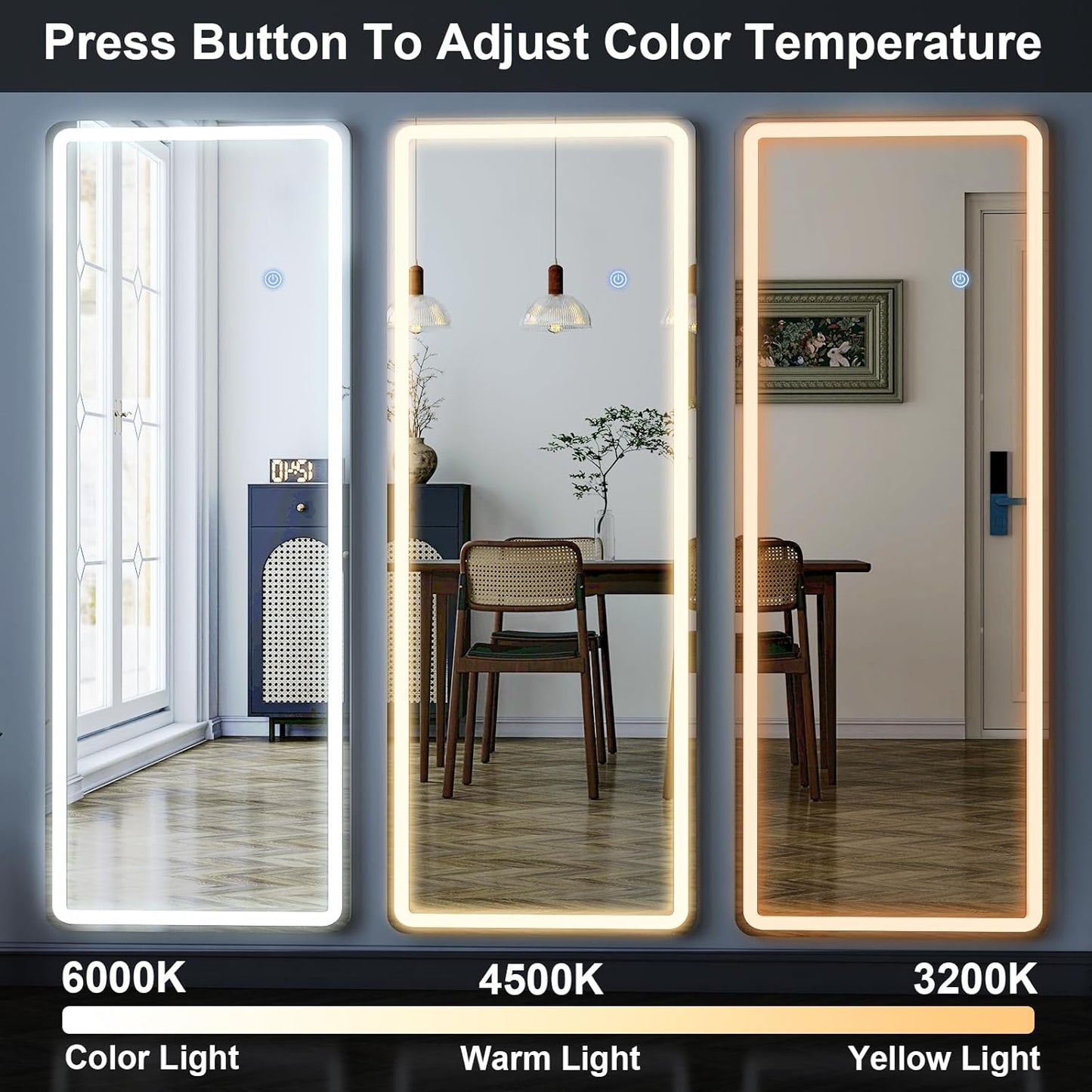 GLSLAND LED Full Length Mirror - 56" x 20" Floor Standing Mirror with Light for Bedroom/Cloakroom -Dimmable & 3 Color Lighting/Wall Mounted Full Body Mirrors