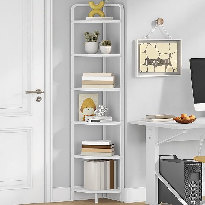 Corner Shelf Stand, Corner Bookshelf, Plant Shelf, Corner Display Rack, Standing Shelf with Metal Frame for Living Room, Bathroom, Kitchen, Industrial Style, 6 Tier White CS06613W