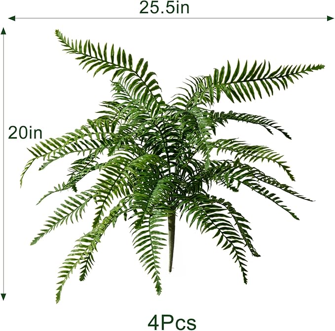 4PCS Artificial Boston Fern Fake Ferns Hanging Plant UV Resistant Inoor Outdoor Faux Shrubs 20Inch Large Faux Ferns Greenery Stems for Home Office Garden Decoration