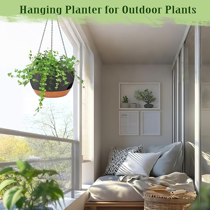 Hanging Planters for Outdoor Indoor Plants, 2 Pack 12 Inch Hanging Basket Plants Outdoor, Self Watering Hanging Planter with Plant Hanger for Garden Home Decoration (Black, 10 inch)