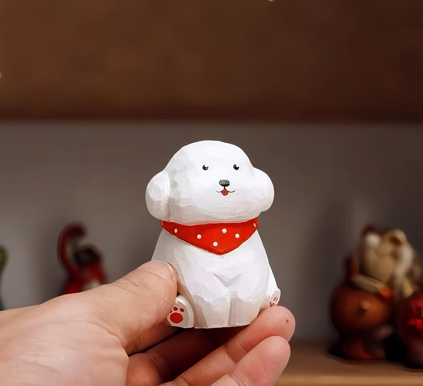 Cute Wood Teddy Dog Figurines, 2.7' Handmade Carved White Teddy Statue with Base, Unique Pet Dog Figure Collectibles Home Decor, Gift for Pet Lover