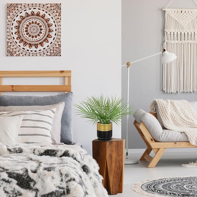 Hollyone Large Artificial Potted Plants Fake Palm Plants 13" Faux Tropical Palm Plant Tree in Gold and Black Metal Pots for Home Room Office House Indoor Decoration