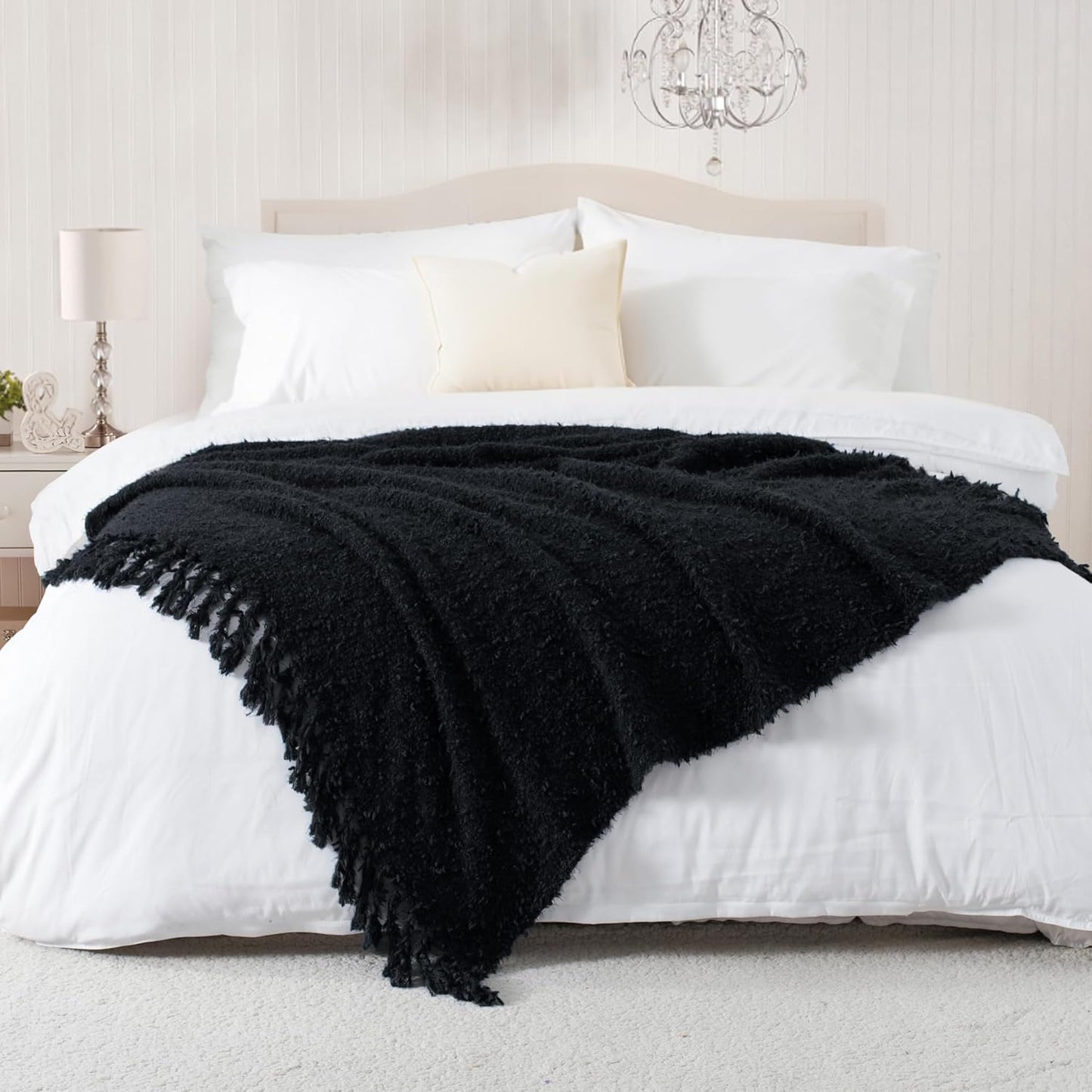 Knit Throw Blanket Fluffy Fuzzy Soft Lightweight Cozy Farmhouse Tassels Chunky Knitted Throws for Couch Sofa Bed (Black, 50"x60")