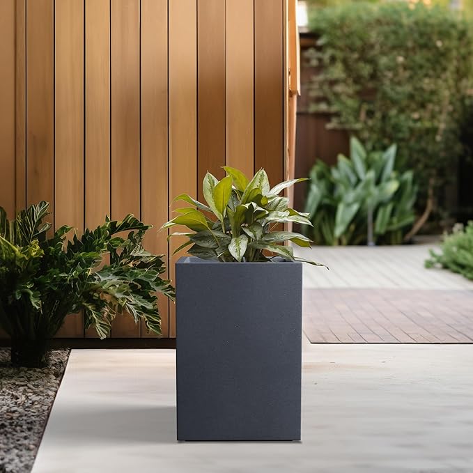 Kante 12.6" H Tall Rectangular Concrete Planters, Outdoor Indoor Lightweight Plant Pots with Drainage Hole and Rubber Plug, Modern Style for Home Garden Patio, Charcoal