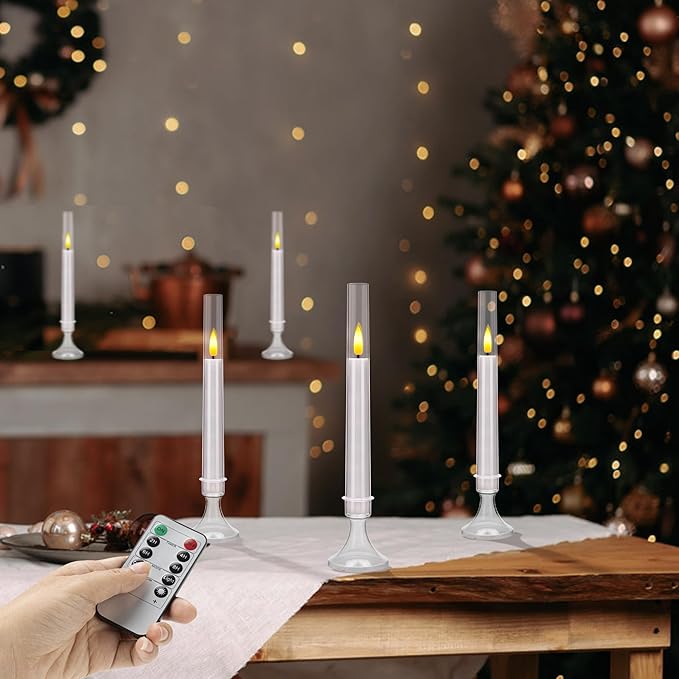 White Flameless Taper Candles, 6 Pack Acrylic LED Candles with Remote Timer, 9.25"x0.75" Battery Operated Flickering Window Candle for Home Wedding Decor, and Holiday Celebrations