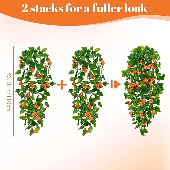 BLEUM CADE Artificial Hanging Flowers for Outdoors, 4pcs Fake Hanging Plants Pothos Vines with Orange Flowers for Wall Home Living Room Indoor Outdoor Fall Decor (No Baskets)