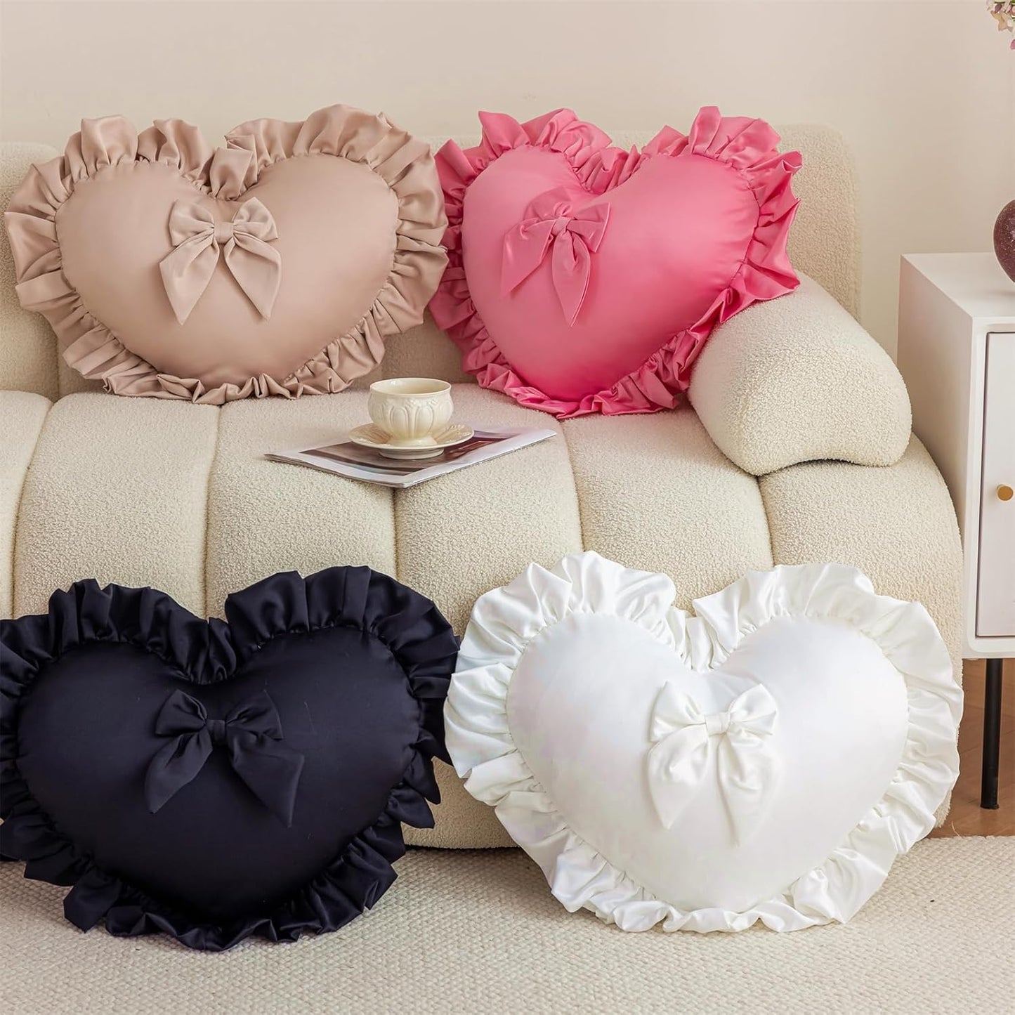 Heart Pillows, Cute Soft Room Decor Ruffled with Bow Love Heart Shape Throw Pillows Sofa Cushion Pillow for Living Room Bed Chair Car Decoration, Champagne