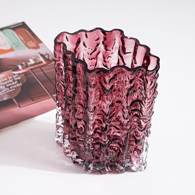 Glass Vase for Centerpieces, Diamond Shaped Vase for Flower, Modern Glacier Glass Vase for Home, Office Restaurant Desk Decor 8.3 Inch(Wine Red)