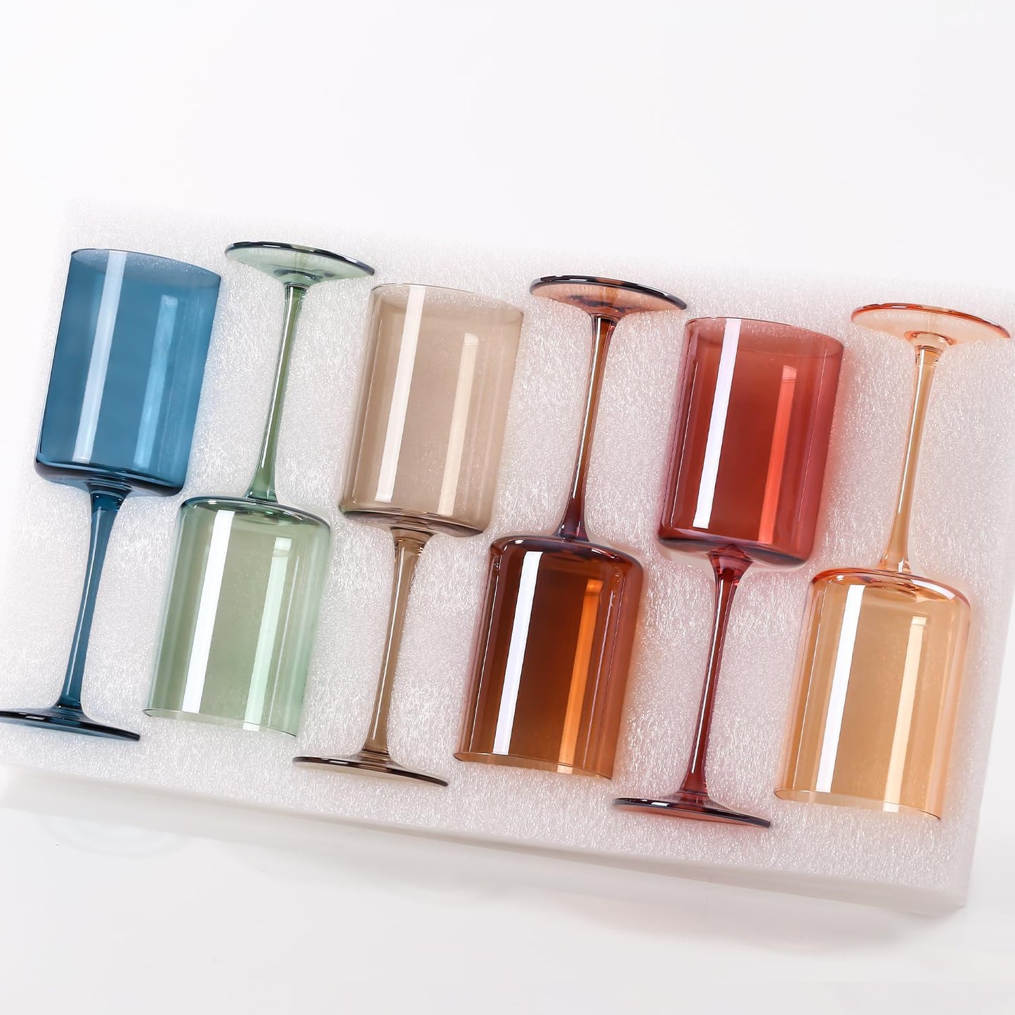 Colored Square Wine Glasses Set of 6, 14oz【Hand Blown】 Colorful Crystal Wine Glasses with Stem - Unique Muticolor Glasses Gifts for Birthday Women Party