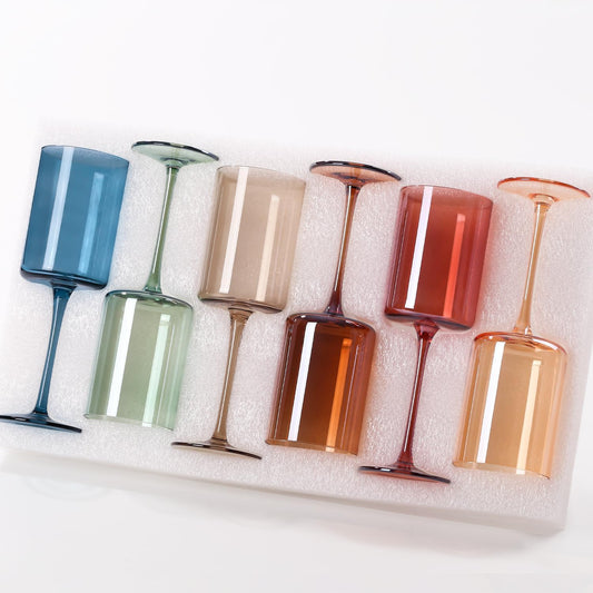 Colored Square Wine Glasses Set of 6, 14oz【Hand Blown】 Colorful Crystal Wine Glasses with Stem - Unique Muticolor Glasses Gifts for Birthday Women Party