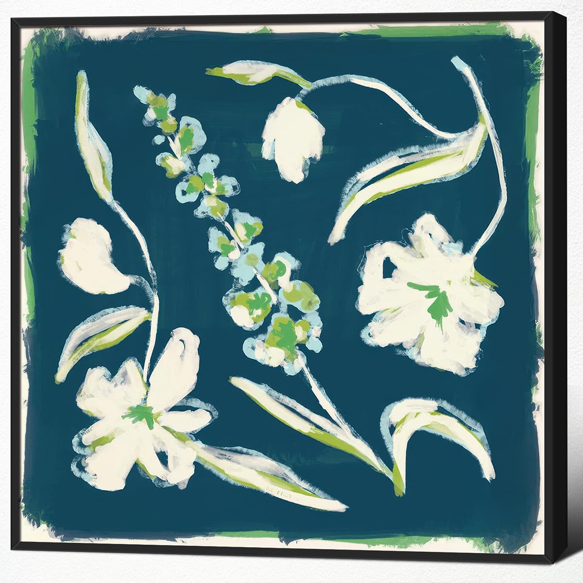 Flower Canvas Wall Art, Blue and Green Floral Aesthetic Poster, Chinoiserie Watercolor Botanical Print, Coastal Grandma Modern Southern Grandmillennial Plant Painting for Wall 24x24in Framed