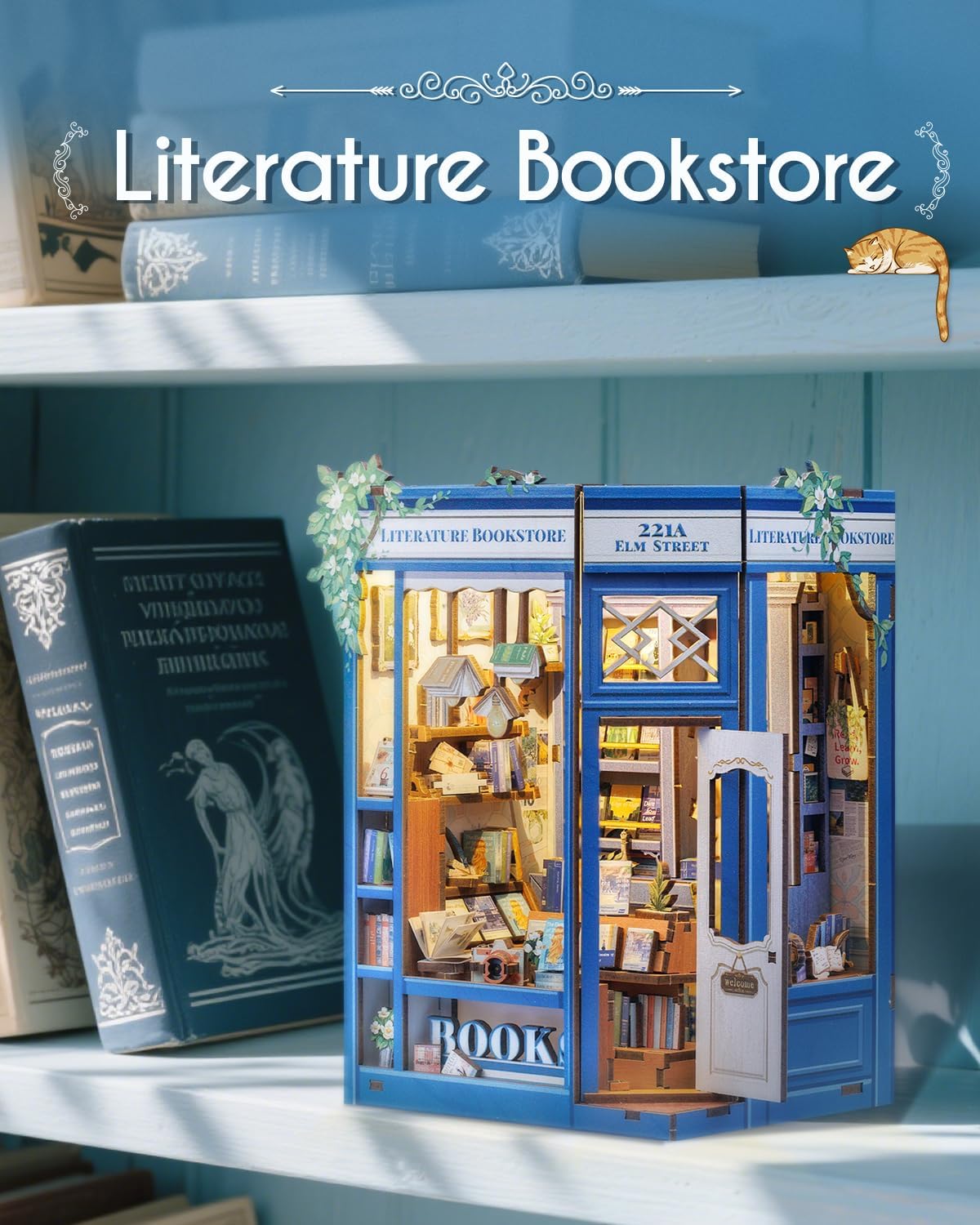 Cutefun Book Nook Kit - DIY Miniature Dollhouse Kit for Adults and Teens, Mini House Building Kit Library with LED Bookshelf Insert Decor Creative Gifts (Literature Bookstore)
