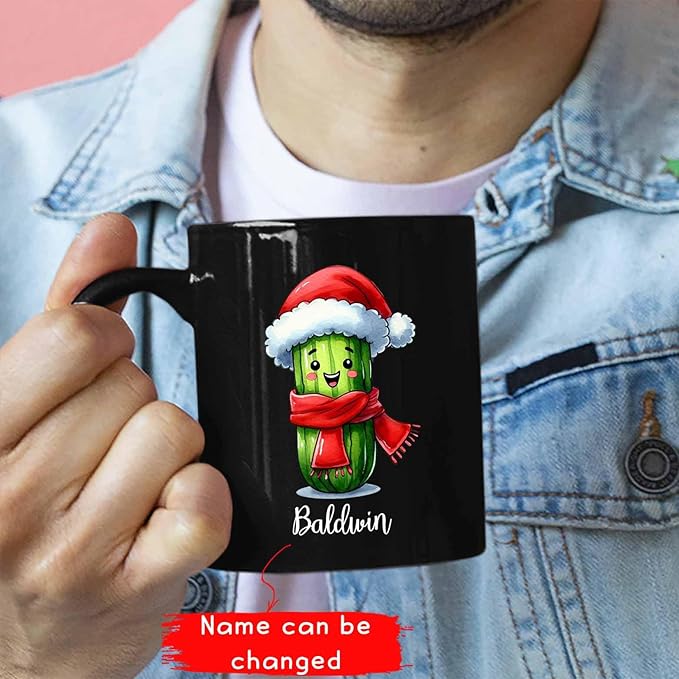 Vegetable Cups, Personalized Cucumber Coffee Mug For Cucumber Lovers, Cucumber Fans Cup, Cucumber Mug, Custom Cucumber Wearing Santa Hat Tea Cup, Cucumber Enthusiast Black Ceramic Mug 11oz 15oz