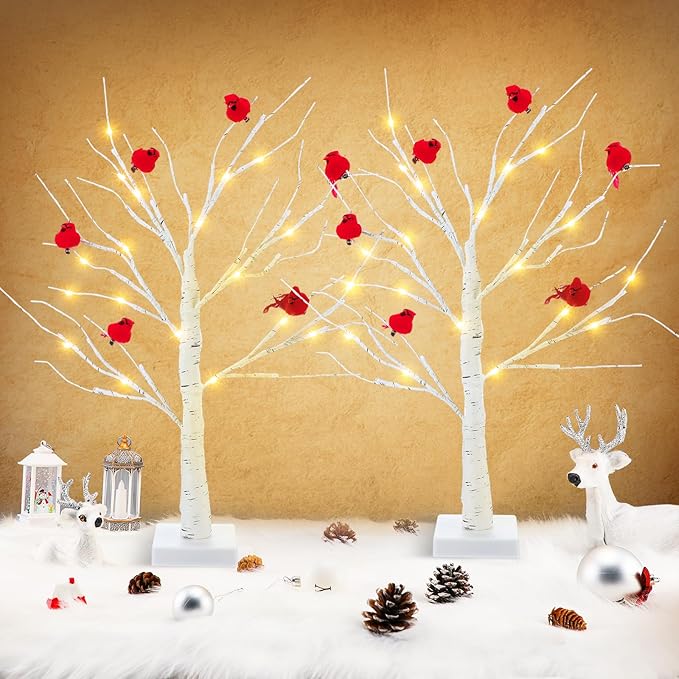 2 Pcs 2 ft Birch Tree with LED Lights for Christmas Decor Indoor with 12 Pcs Mini Cardinal Clips on Tree Ornament Lighted Birch Tree Battery Powered for Home Table Centerpiece Mantel Decor