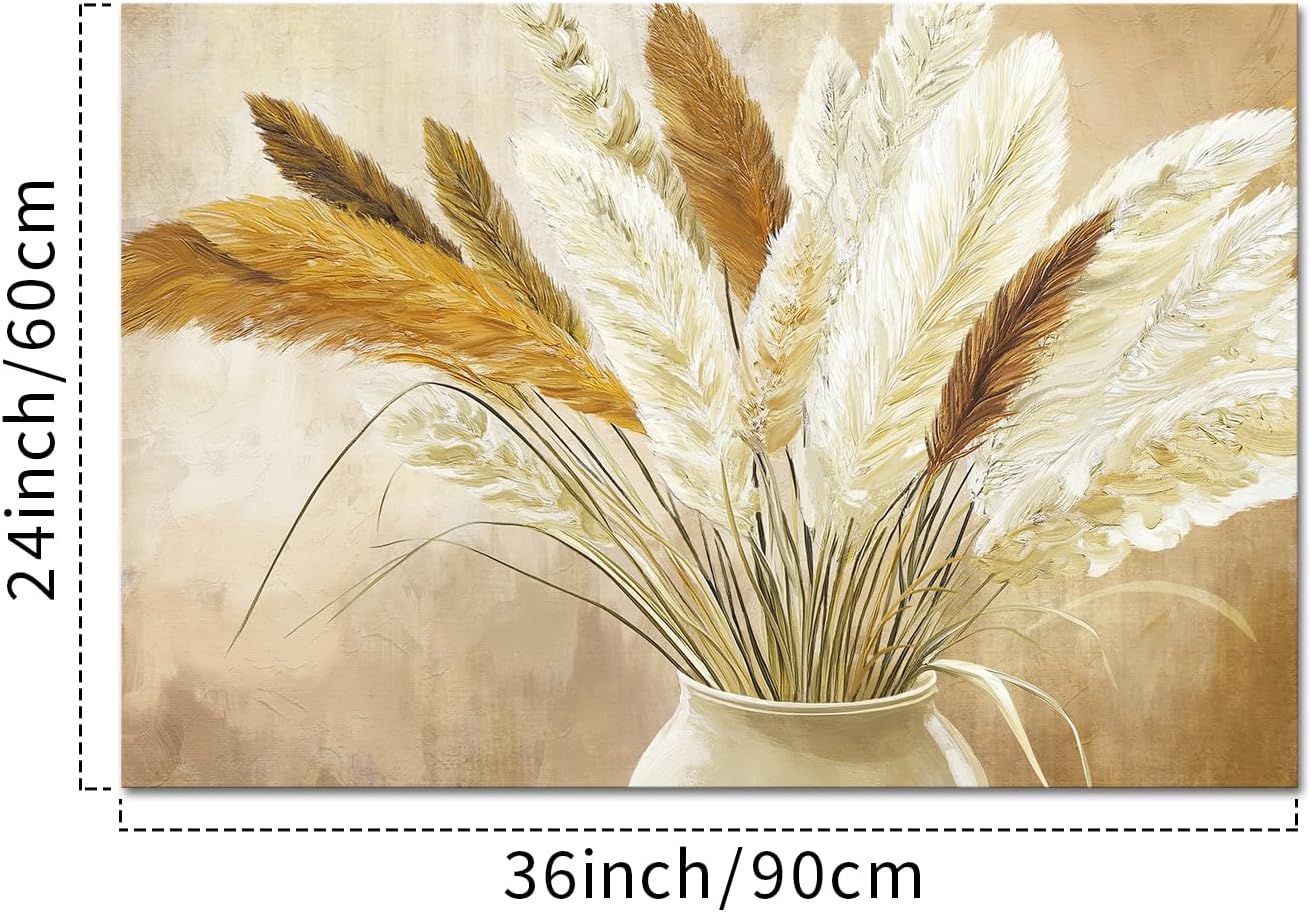 KREATIVE ARTS Vintage Pampas Grass Wall Art 24x36 Inch Boho Botanical Dried Flower Canvsa Print Neutral Beige Wall Decor for Living Room Bedroom Farmhouse Entryway Rustic Home Artwork Ready to Hang