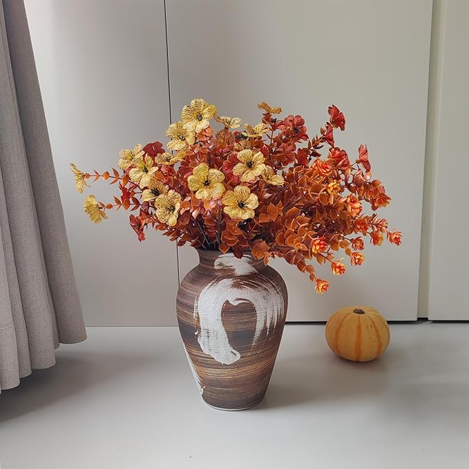 Rustic Brown Vase - 10" Handmade Brown and White Farmhouse Terracotta Vase, Unique Boho vase, Decorative Neutral Vases Home Decor, Vintage Ceramic Flower vases for Living Room, Kitchen Decor