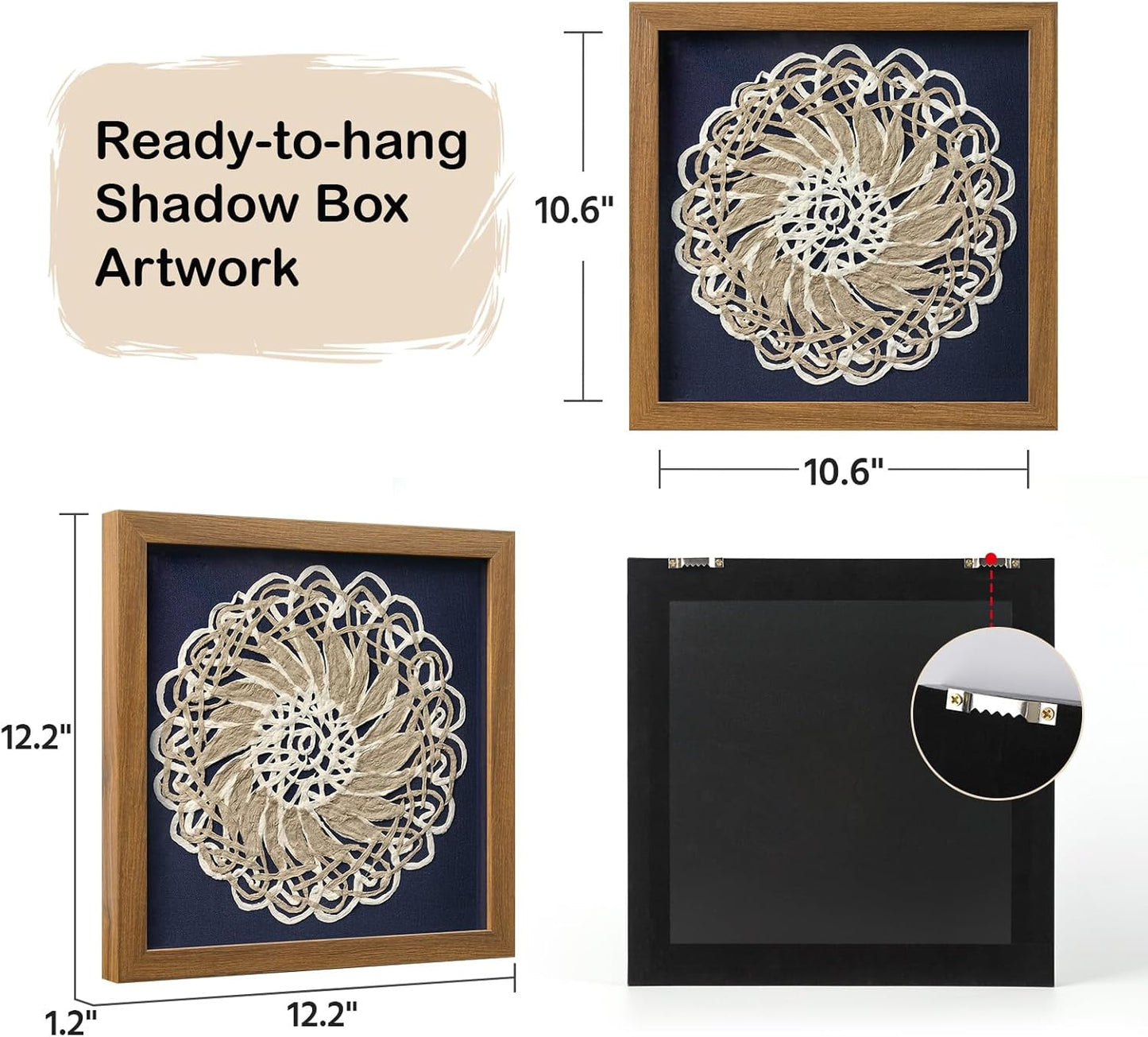 FOLKOR Framed Boho Wall Art for Living Room, 12" Natural Rice Paper Mandala Art Decor with Shadow Box, Bohemian Wall Hanging Panel for Bedroom Kitchen Shaby Chic Home Office Decoration