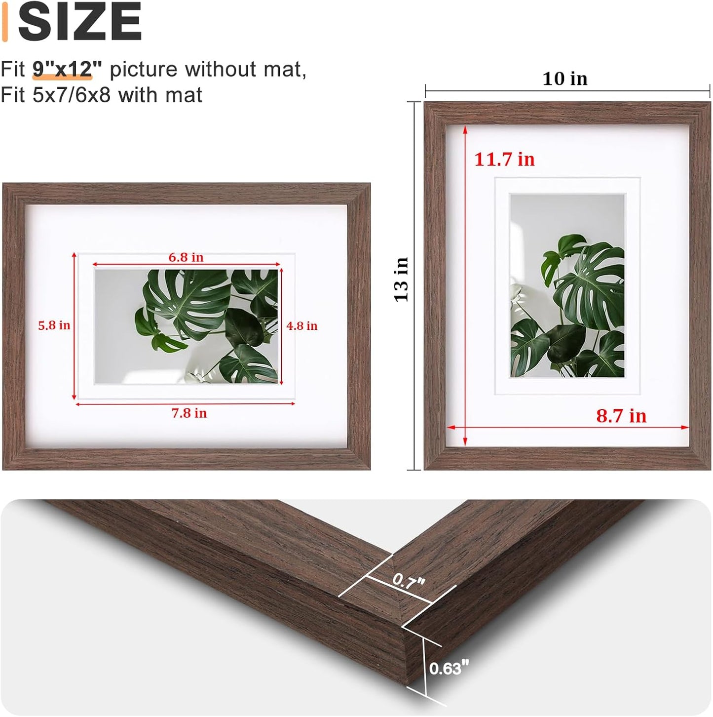 Egofine 9x12 Picture Frames Set of 4, Made of Solid Wood Covered by Plexiglass 5x7 and 6x8 with Mat or 9x12 without Mat, for Table Top Display and Wall Mounting Photo Frame Brown
