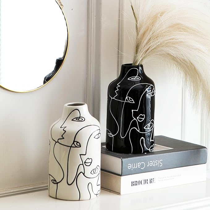 Kimdio Ceramic Vase Set, 2pcs Black and White Abstract Irregular Design Flower Vases, Modern Home Decor Living Room Decor Minimalist Decorative Vase for Pampas Grass