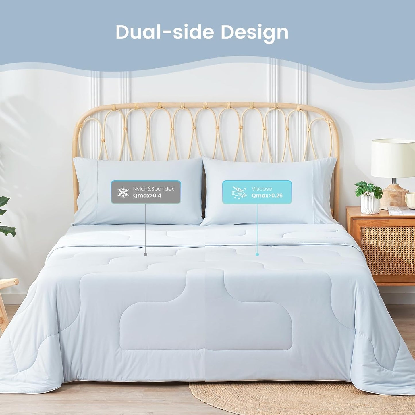 Cozy Bliss Viscose Cooling Comforter Queen Size, Reversible Cooling Blanket for Hot Sleepers and Night Sweats, Q-Max 0.4 Breathable Summer Comforter Quilt, Lightweight Soft Silky Smooth, Cool Blue