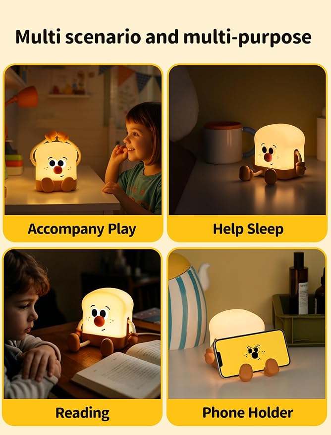 Toast Night Light for Kids, Rechargeable Bedside Lamp, Portable Night Lamps with Phone Holder, Room Decor Sleep Nightlights for Bedroom, Living Room, Desk, Desk Lamp Gifts for Baby Teens Adults