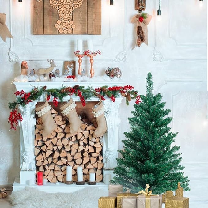 3FT Artificial Christmas Tree, Green Tabletop Christmas Tree with Metal Stand 160 Branch Tip Mini Xmas Pine Tree for Party Supplies Indoor Outdoor Holiday Home Decoration