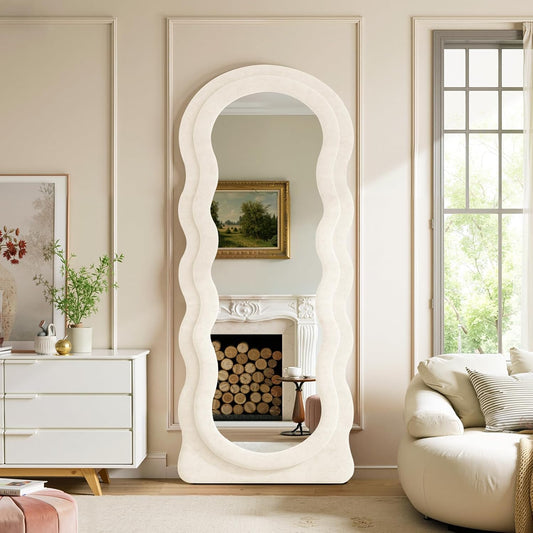 Full Length Mirror 71"x30" Arched Wavy Full Body Wall Mounted Floor Mirror Ivory Flannel Frame Leaning Hanging Wall Mirror for Bedroom Entrance