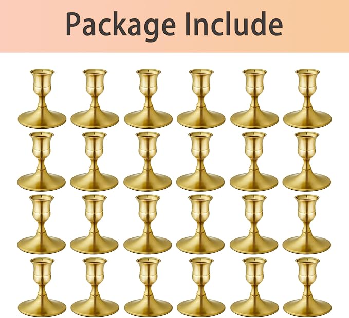 Vintage Brass Gold Taper Candle Holders, Set of 24, Metal Taper Candlestick Holder for Dinner Room Table Centerpiece, Wedding Reception, Festive,Mantel Decoration, Home Decor