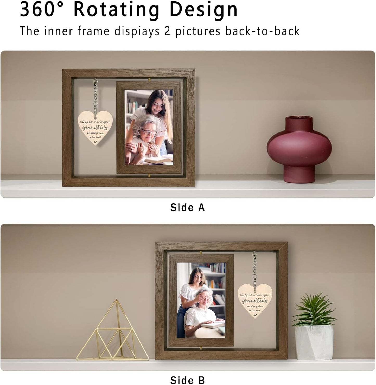 Grandkids Make Life Grand Grandparents Picture Frame, Rotating Floating Grandkids Photo Frame for Christmas Birthday, Display Two 4x6