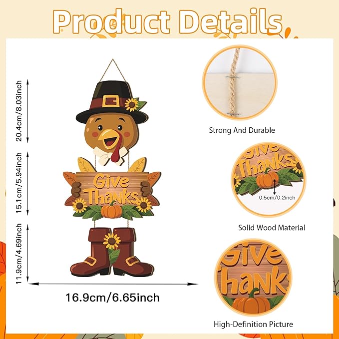 Turkey Door Decor,Hello Fall Door Sign,Thanksgiving Day Sign,Autumn Wall Decor Give Thanks,Turkey Harvest Thanksgiving Door Decoration for Porch Farmhouse Outdoor Home Indoor Yard Office Party