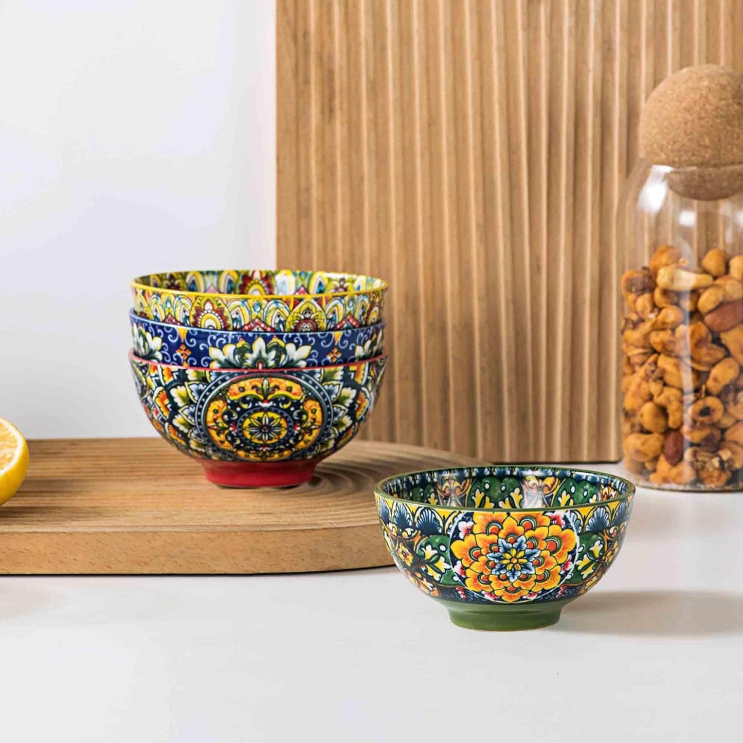 Henten Home Ceramic Dessert Bowls Set of 4, Bohemia 10 oz Snack Serving Bowl, Porcelain Colorful Bowls for Sauce, Fruits, Ice Cream, Soup, Decorative, Microwave & Dishwasher Safe