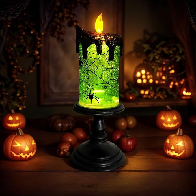 1.Halloween Snow Globe Tornado Flameless Candles Table Centerpiece for Celebration Party,Battery Operated LED Candle with 6 Hours Timer for Home Indoor Halloween Decoration (Spider)