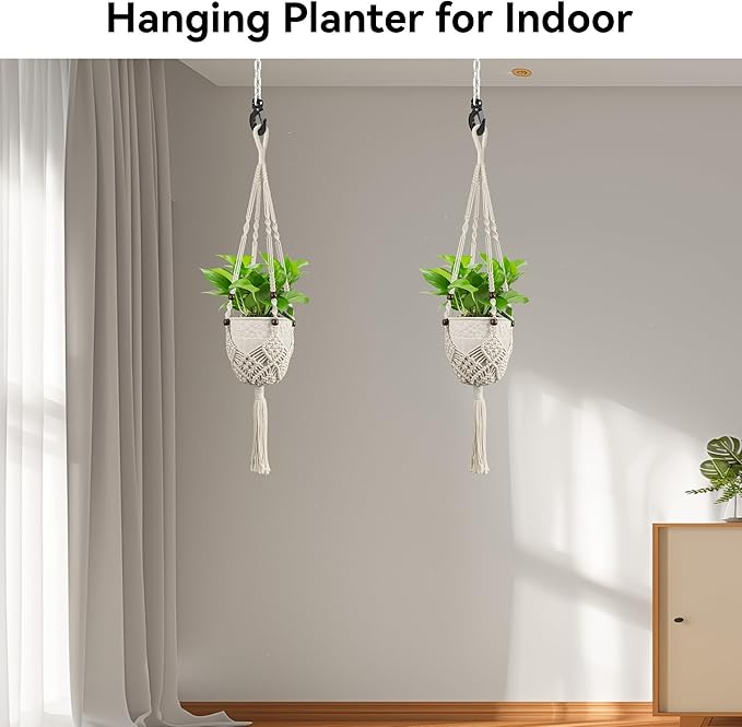 USLAI Macrame Handmade Basket Plant Hanger (2-Pack), for 3-8 Inch Pots, Indoor Outdoor Strong Hanging Planter Flower Pot Holder with Beads and Tassels, Boho Home Decor (POTS NOT Included) (White)