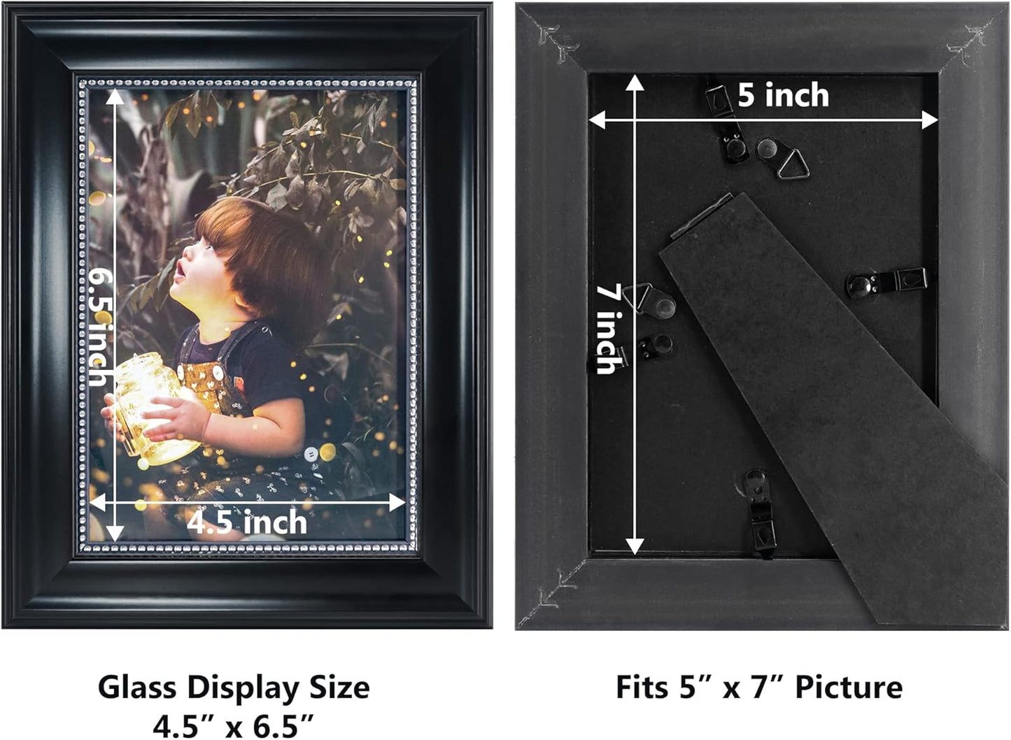 GraduationMall 5x7 Picture Frames, Real Glass, Display Photos for Wall or Tabletop, Black with Silver Beads, 2-Pack