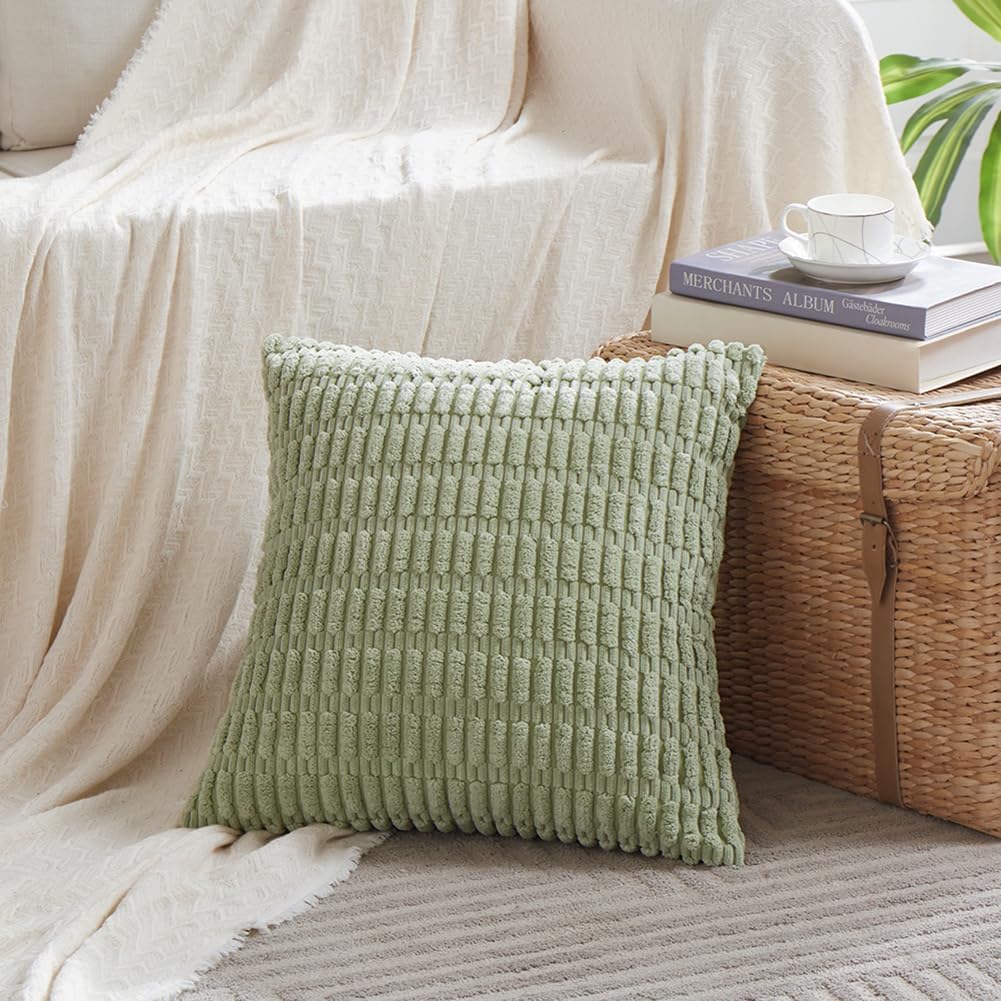 Fancy Homi 4 Packs Sage Green Decorative Throw Pillow Covers 18x18 Inch for Living Room Couch Bed Sofa, Rustic Farmhouse Boho Home Decor Soft Plush Striped Corduroy Square Cushion Case 45x45 cm
