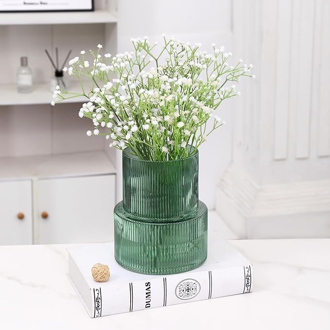Green Glass Vase, Ribbed Glass Vase for Tulips, Flower Vases for Bouquet, Green Modern Vases for Living Room, Dining Table, Entryway, Mantle, Shelf, Wedding, Office, 7.5 Inches