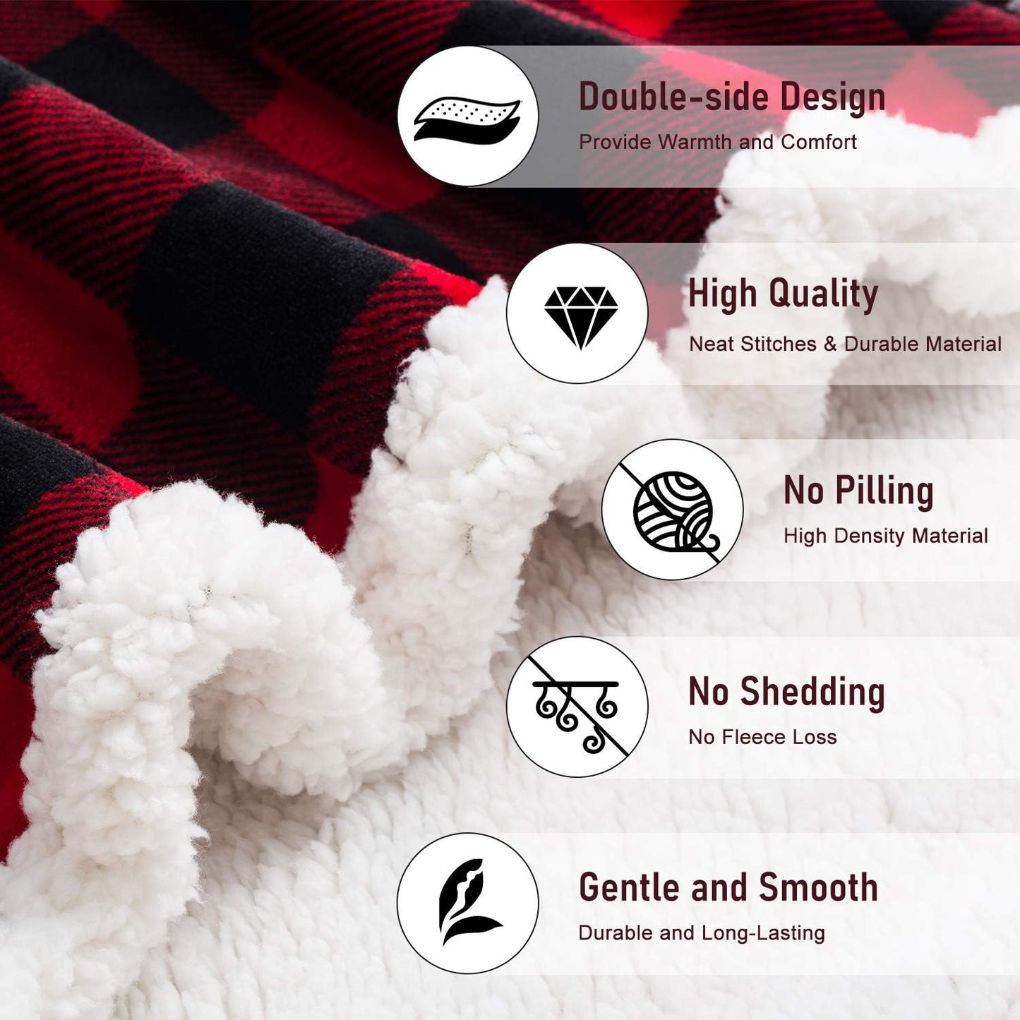 BEAUTEX Christmas Sherpa Fleece Throw Blanket, Super Soft Warm Buffalo Plaid Plush Blankets and Throws, Warm Winter Cozy Fuzzy Blanket for Couch Sofa Bed (Red, 50" x 60")