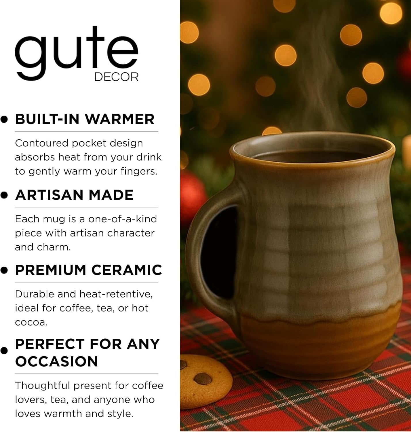 Hand Warmer Mug, Handmade Pottery Ceramic and Hand Painted - The Contoured Pocket will Hold Warmth From The Heat Of Your Drink To Keep Your Fingers Warm, Comfy Handwarmer (Desert Green) (Left hand)