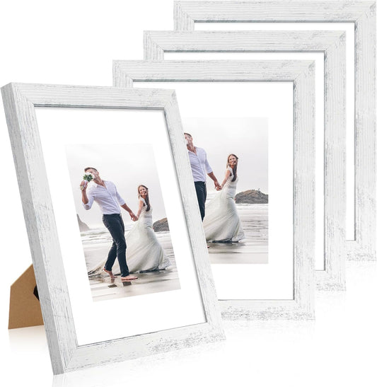 iRahmen 9x12 Picture Frame Set of 4 with Tempered Glass, Distressed White Frame Display 6x8 Picture with Mat or 9 x 12 Without Mat, Wooden Photo Frame for Wall Mount and Tabletop Display